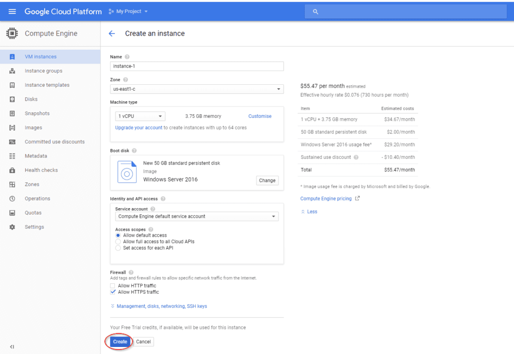 fill out the specifications of your google cloud platform VM