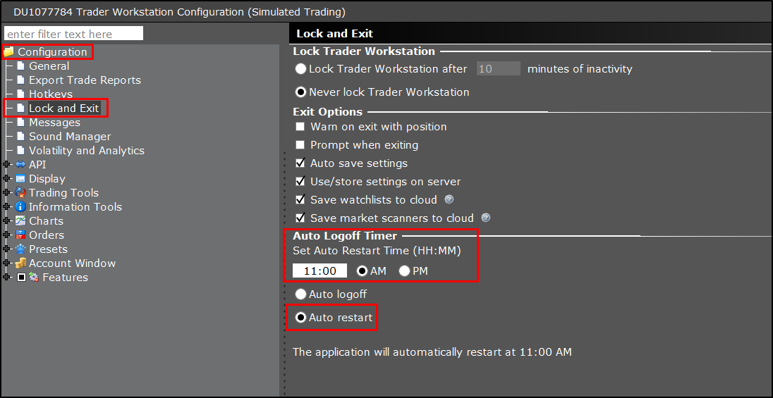 tws lock and exit settings